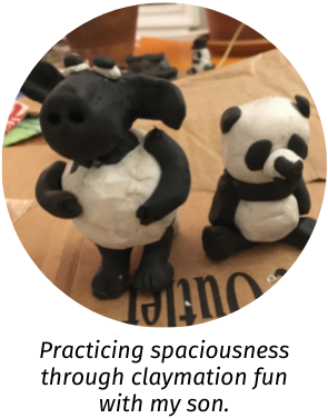 Photo of clay figurines of a sheep and a panda. Caption: Practicing spaciousness through claymation fun with my son.