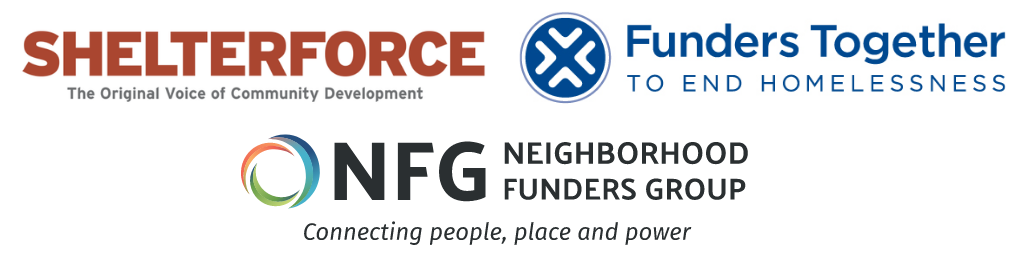 Logos of Shelterforce, Funders Together to End Homelessness, and Neighborhood Funders Group