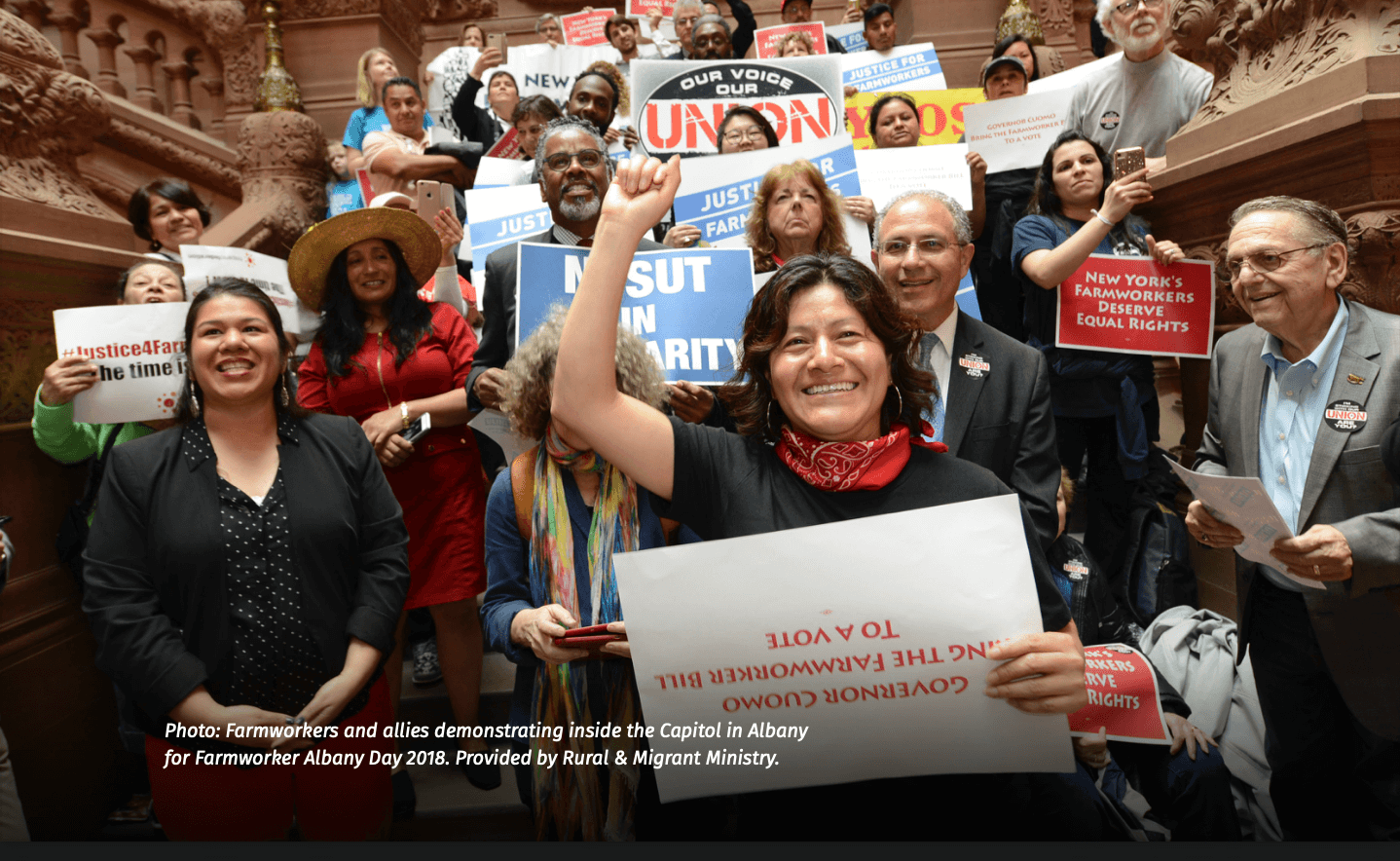 Photo: Farmworkers and allies demonstrating inside the Capitol in Albany for Farmworker Albany Day 2018. Provided by Rural & Migrant Ministry.