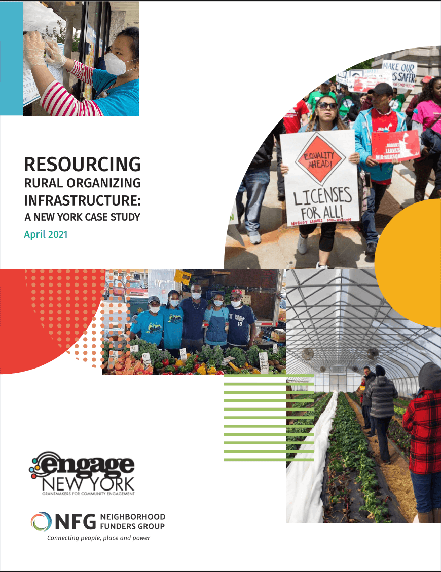 Report cover of Resourcing Rural Organizing Infrastructure: A New York Case Study — April 2021. The cover features colorful photos of people in rural communities.
