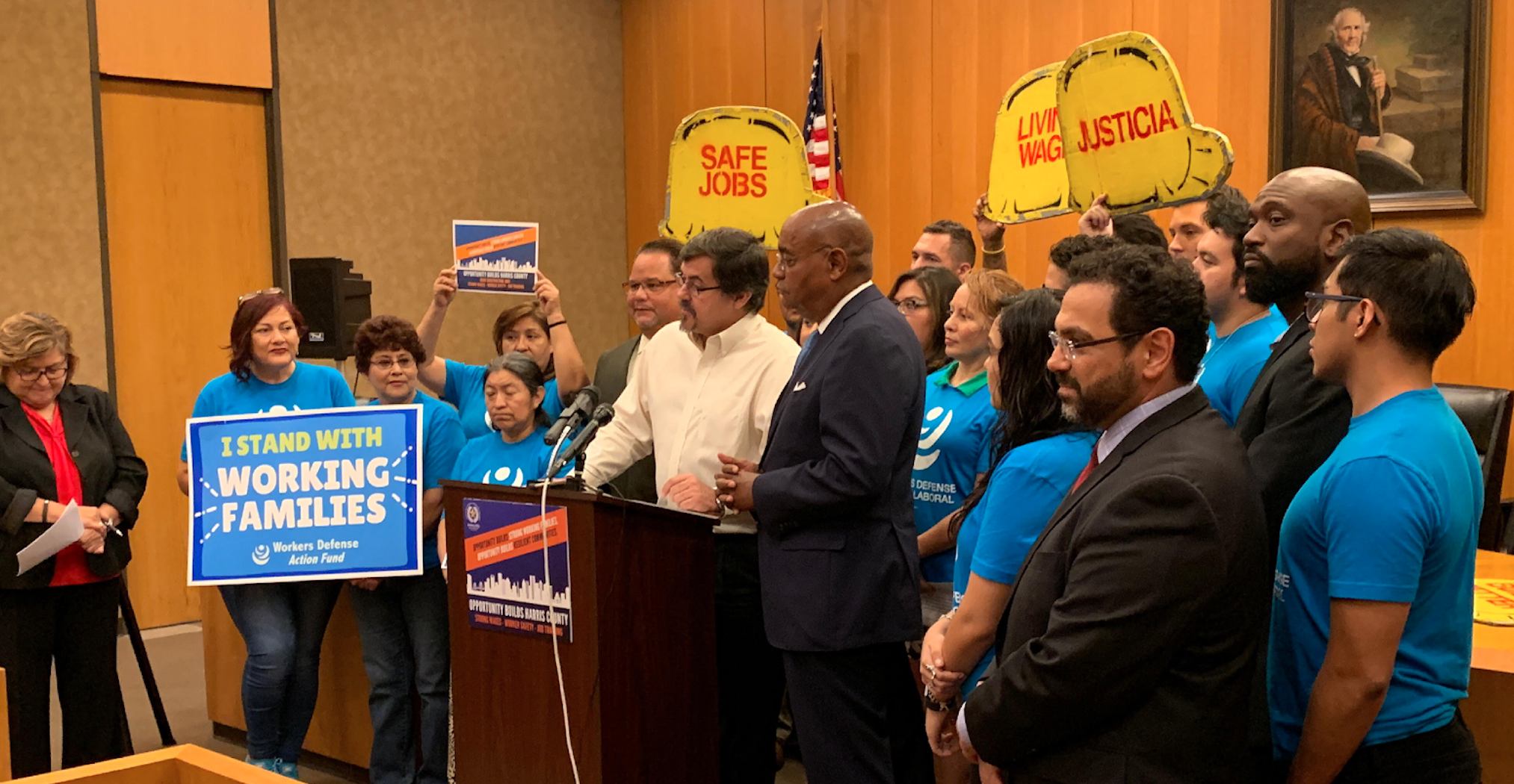 Labor and community organizers with the Build Houston Better campaign, launched after Hurricane Harvey, and Houston Mayor Sylvester Turner announce a major legislative win to improve worker protection, wages and training access. Credit: Worker’s Defense 