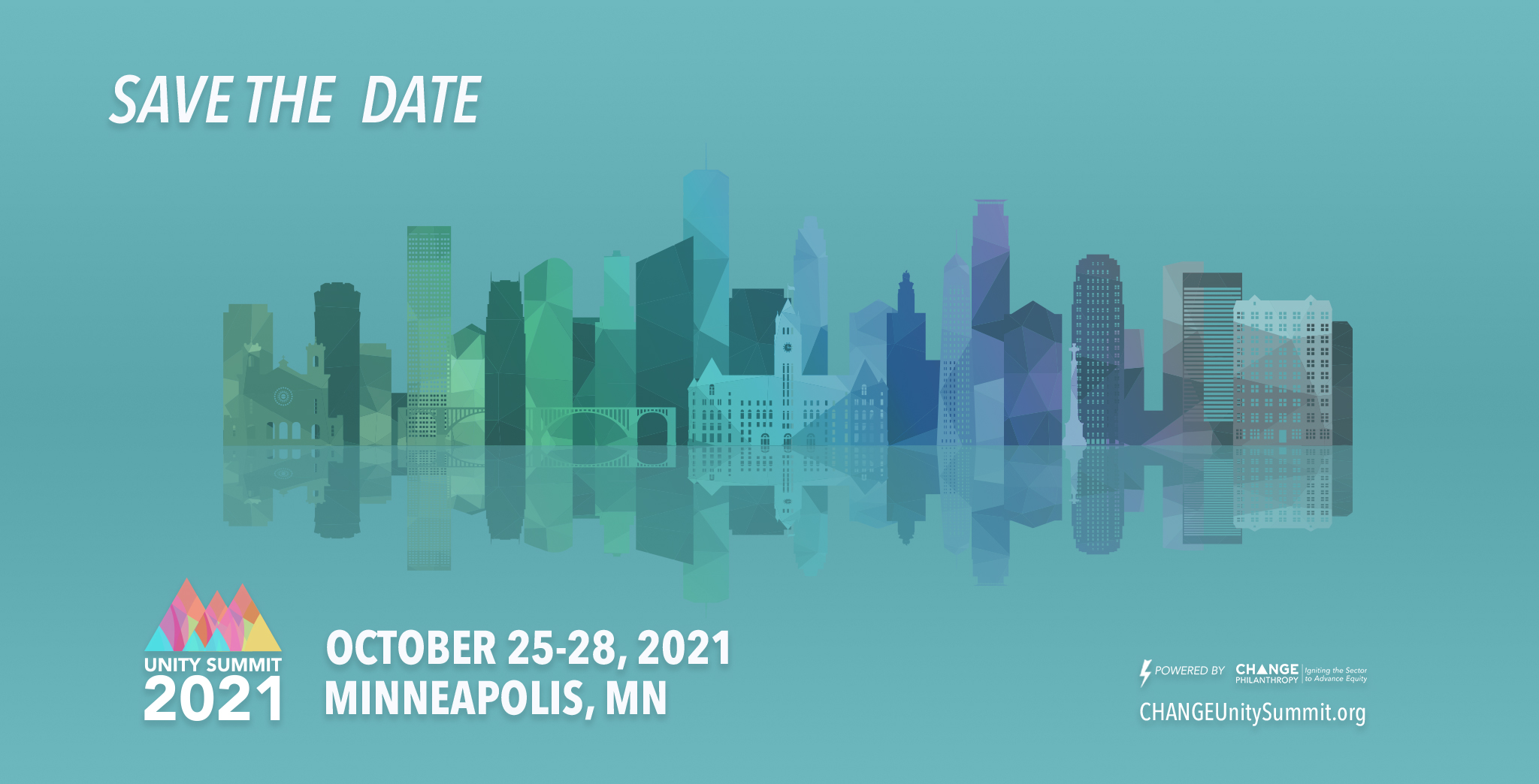A save the date banner for the CHANGE Philanthropy Unity Summit on October 25-28, 2021, featuring a colorful illustration of the Minneapolis, Minnesota skyline.