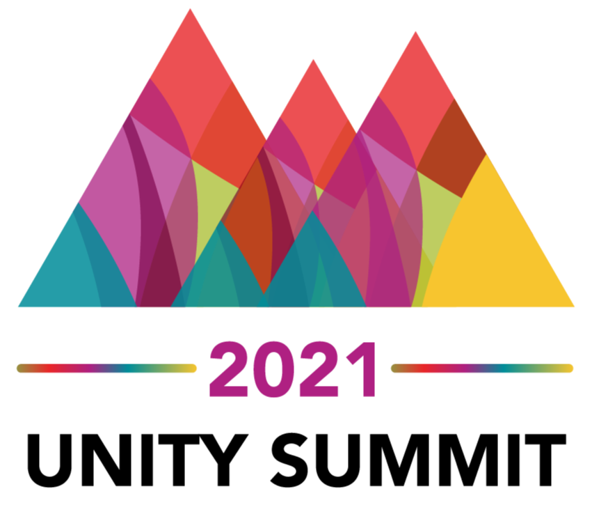 Logo of the 2021 Unity Summit with colorful triangles that resemble mountains.