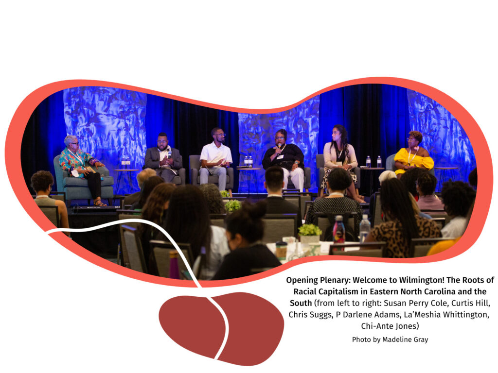 Photo of Chi, Chris, Curtis, Darlene, La'Meshia, and Sue on stage for the "Welcome to Wilmington! The Roots of Racial Capitalism in Eastern North Carolina and the South" plenary in front of a crowd full of seated attendees. Photo is in a bright red organic shape. There is another red organic shape above.
