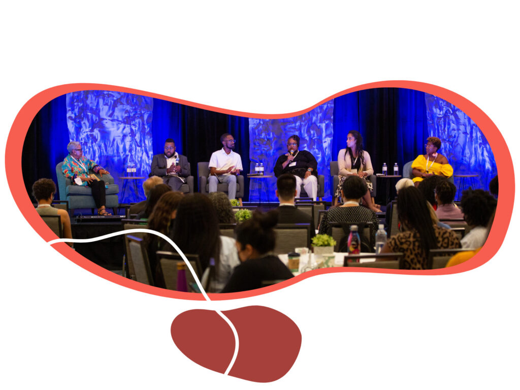 Photo of Chi, Chris, Curtis, Darlene, La'Meshia, and Sue on stage for the "Welcome to Wilmington! The Roots of Racial Capitalism in Eastern North Carolina and the South" plenary in front of a crowd full of seated attendees. Photo is in a bright red organic shape. There is another red organic shape above.
