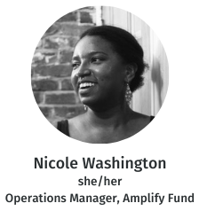 Black and white headshot of Nicole Washington, captioned by her name, pronouns (she/her), and job title (Operations Manager)