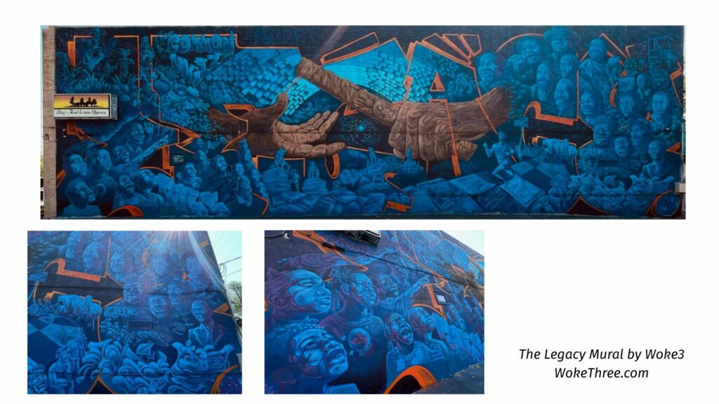 Three images from Woke3's mural "The Legacy."