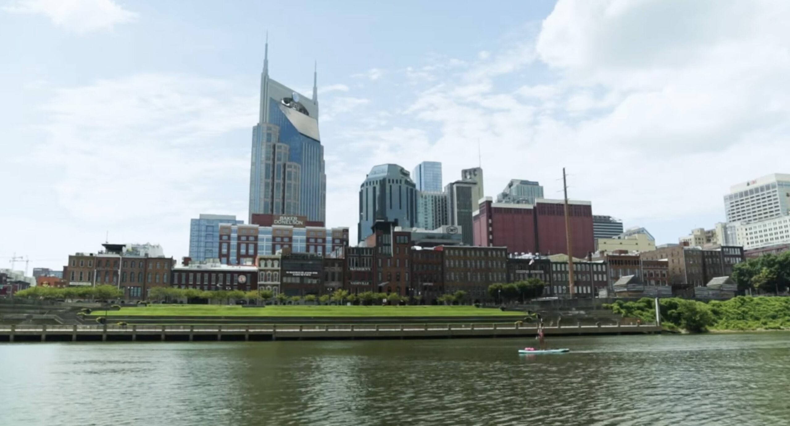 A cityscape view from the riverfront.