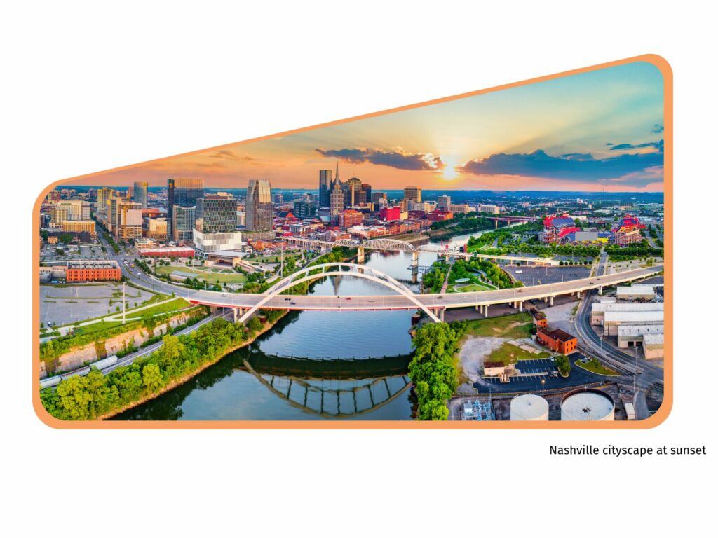 Image of Nashville cityscape at sunset set in an angular frame with an orange border.