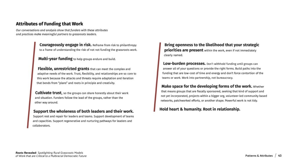Attributes of funding the work page 43 in roots revealed: Spotlighting rural grassroots models of work that are critical to a multiracial democratic future