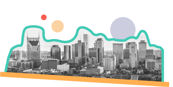 Black and white image of the Nashville skyline. The image is outlined by teal and orange lines with small red, orange, and purple bubbles in the background.