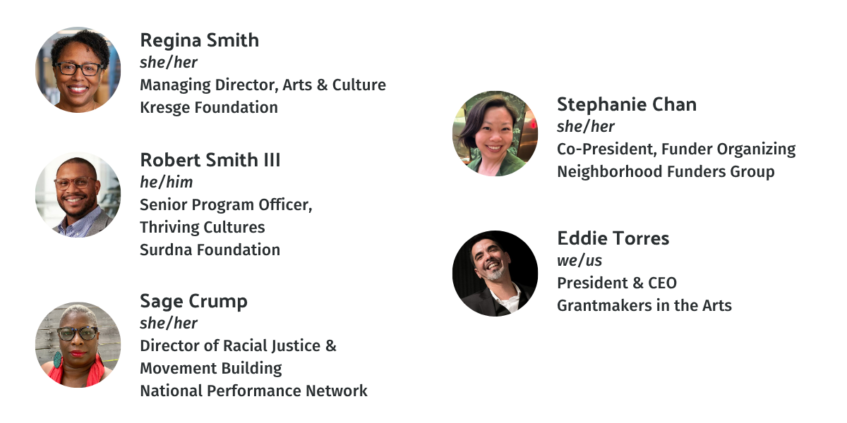 Headshots in two columns for Regina Smith, Robert Smith III, and Sage Crump on the left. Stephanie Chan and Eddie Torres on the right.