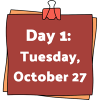A graphic of a stick note stack with a clip at the top. The stick note says "Day 1: Tuesday October 27"