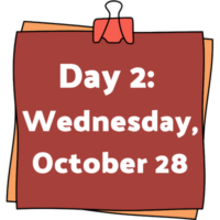 A graphic of a stick note stack with a clip at the top. The stick note says "Day 2: Wednesday October 28"