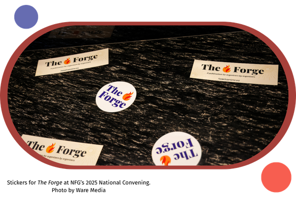 Photo of stickers for The Forge set in an oval with a dark red background. There are bubbles that frame the oval in purple and bright red.