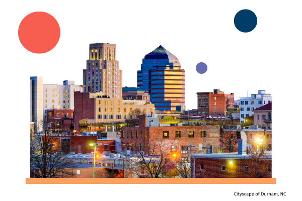 Cityscape of Durham, NC there is an orange bar on the bottom of the photo. There are three colorful bubbles in bright red, purple, and navy