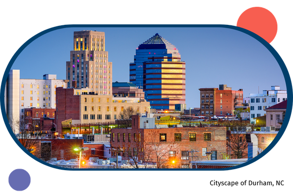 Cityscape of Durham, NC set in an oval with a navy background. There are bright red and purple bubbles that frame the oval.