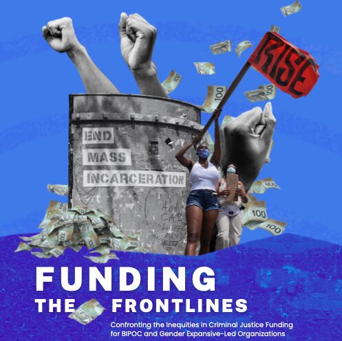 Cover image for the Funding the Frontlines report. The cover is a two tone shade of blue with protest images in the center combined with a pile of money