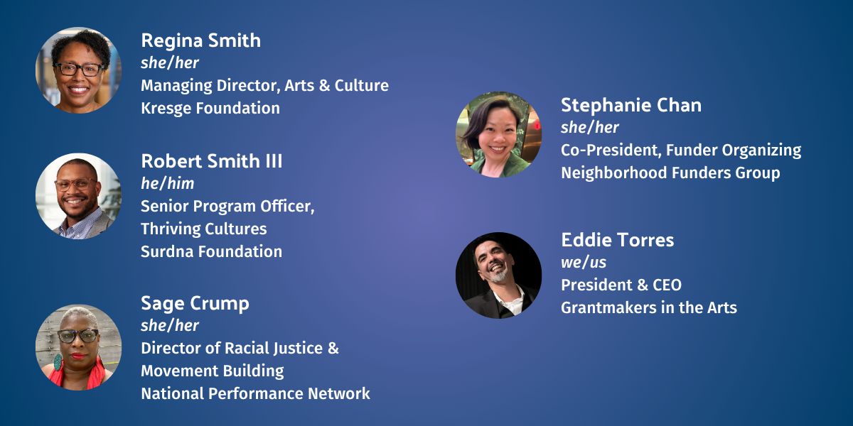 Headshots in two columns for Regina Smith, Robert Smith III, and Sage Crump on the left. Stephanie Chan and Eddie Torres on the right. The speaker graphic has a navy background that fades to purple in the center.