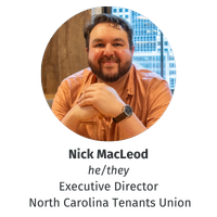 Headshot, name, pronouns, title, and organization for Nick Macleod. Nick has his hands clasped together in front of chest resting on a table. Nick wears a coral/salmon button-up short sleeve shirt.