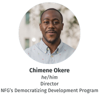 Headshot, name, pronouns, title, and organization for Chimene Okere. Chimene wears a light blue button-up shirt with embroidered red chiles.